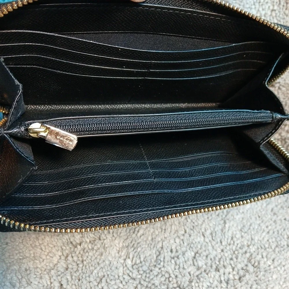 Authentic Coach Black Pebbled Leather Zip Around Long Wallet Gold  Tone Hardware